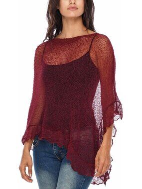 Women’s Wine Sheer Knit Poncho Shrug Lightweight Asymmetrical Ruffle Wraps